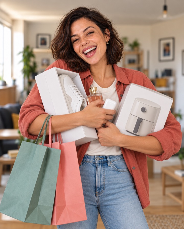 Duda, do Badulaki, rindo com os braços cheios de compras: tênis, perfume, fone e air fryer em promoção
